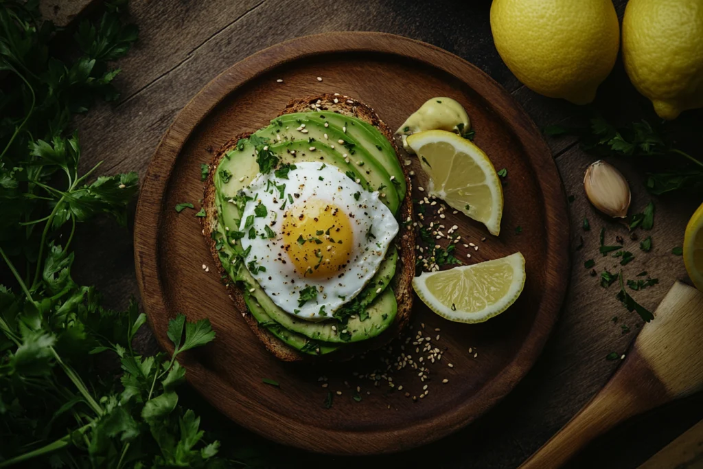 Close-up of avocado toast on whole grain bread topped with sliced avocado and poached egg, with lemon wedges and herbs.