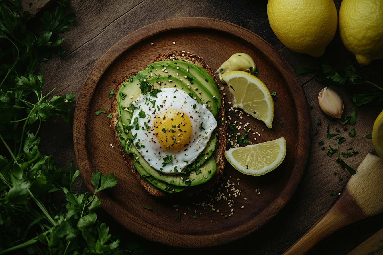 Close-up of avocado toast on whole grain bread topped with sliced avocado and poached egg, with lemon wedges and herbs.