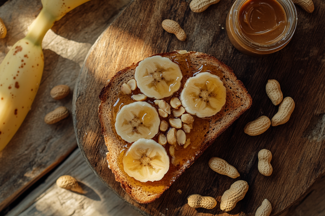 Toasted sourdough with creamy peanut butter, banana slices, and honey on a rustic wooden board, surrounded by peanuts.