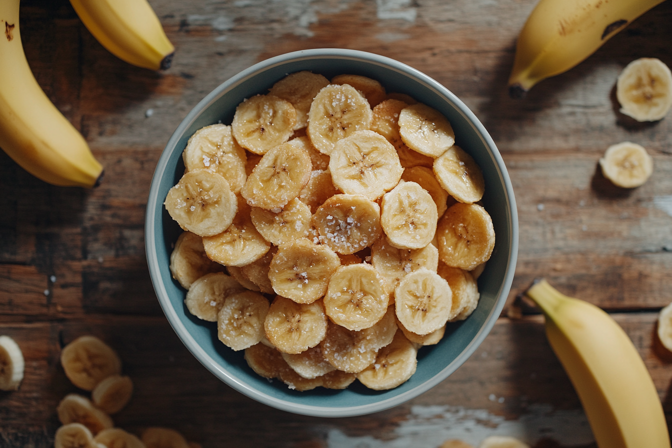 Overhead view of a bowl filled with golden, crispy banana chips, lightly salted, surrounded by fresh bananas on a wooden table.