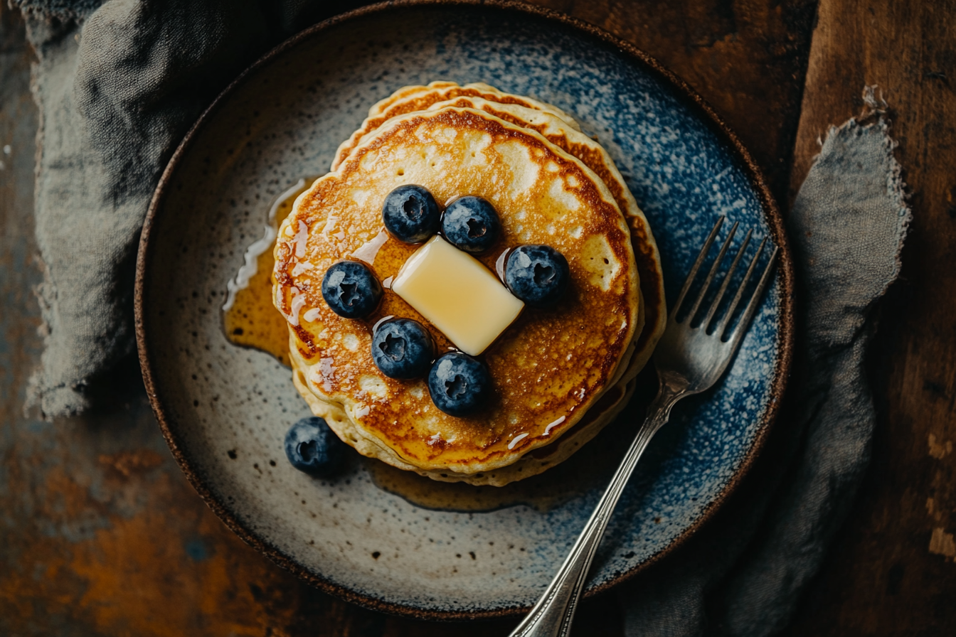 Stack of fluffy pancakes topped with fresh blueberries, melting butter, and maple syrup, served on a rustic plate.