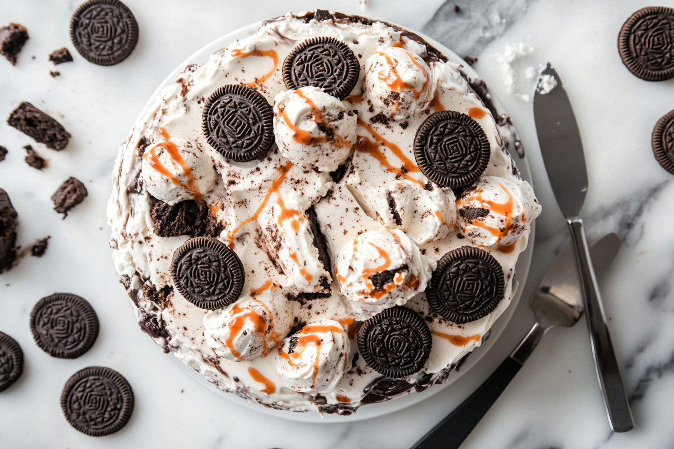 Oreo Ice Cream Cake with creamy layers, Oreo crust, and whipped cream topping, served on a marble counter.