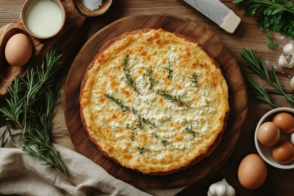 Freshly baked cottage cheese flatbread with crispy golden edges, garnished with rosemary, served on a rustic wooden board with eggs and cottage cheese nearby.