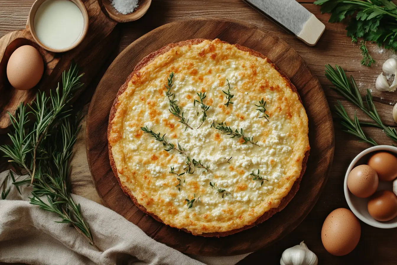 Freshly baked cottage cheese flatbread with crispy golden edges, garnished with rosemary, served on a rustic wooden board with eggs and cottage cheese nearby.