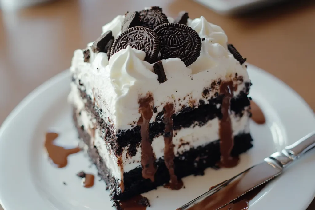 a layered Oreo Blizzard Cake with vanilla soft serve, crushed Oreos, fudge, and whipped cream on a white plate.