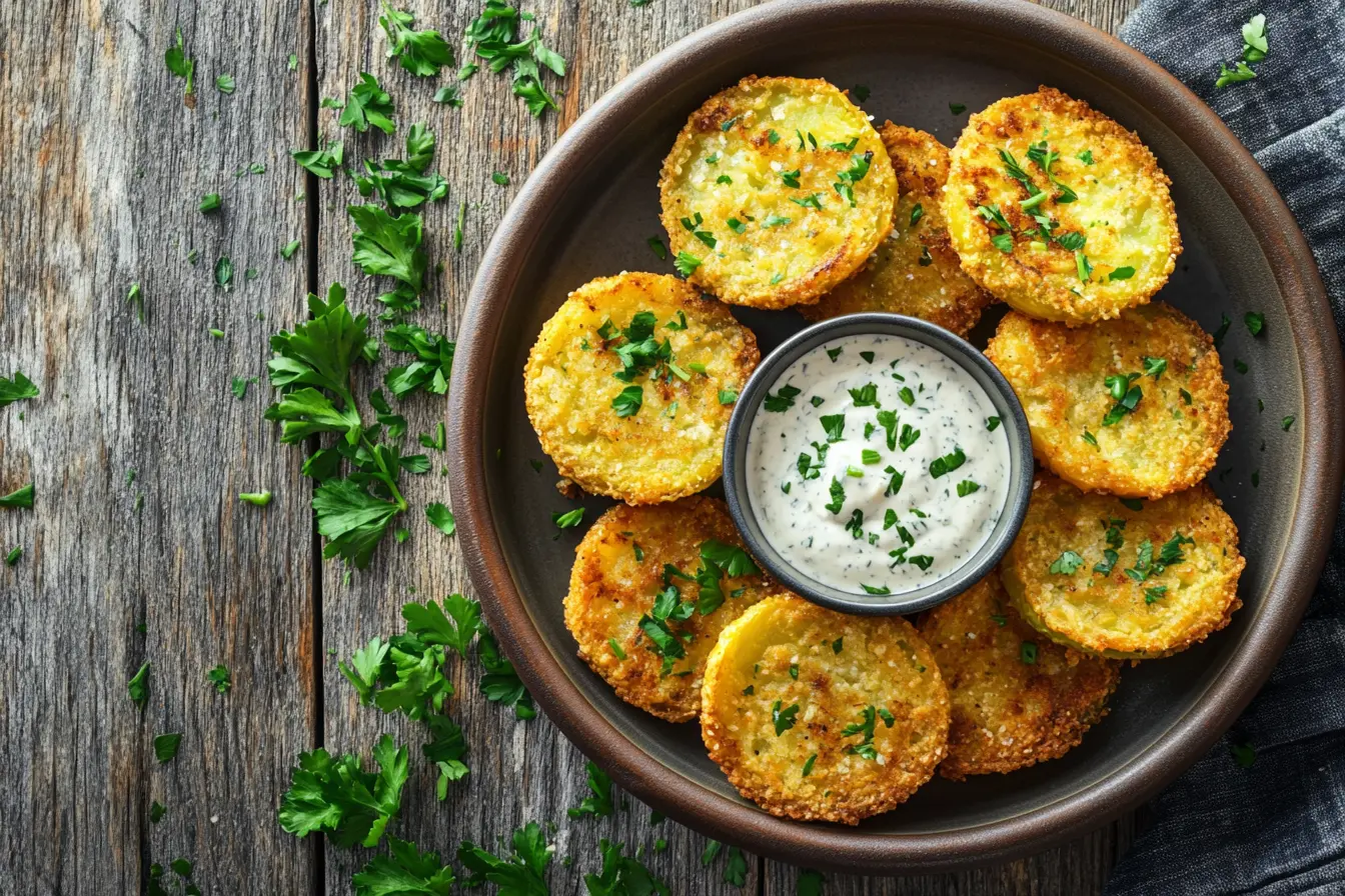 Crispy fried green tomatoes served with remoulade on a rustic plate.