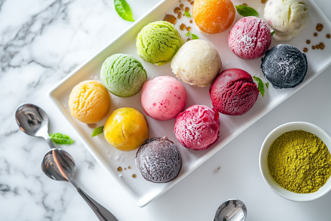 Colorful mochi ice cream balls in various flavors like matcha, chocolate, and strawberry on a white platter.