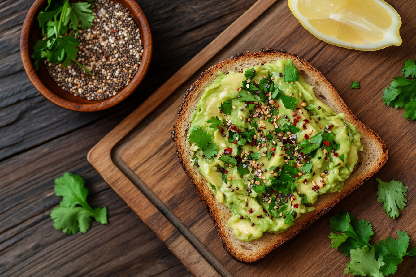 avocado toast with Everything Bagel seasoning, chili flakes, and fresh herbs on sourdough bread, served with a lemon wedge and seasoning bowl.