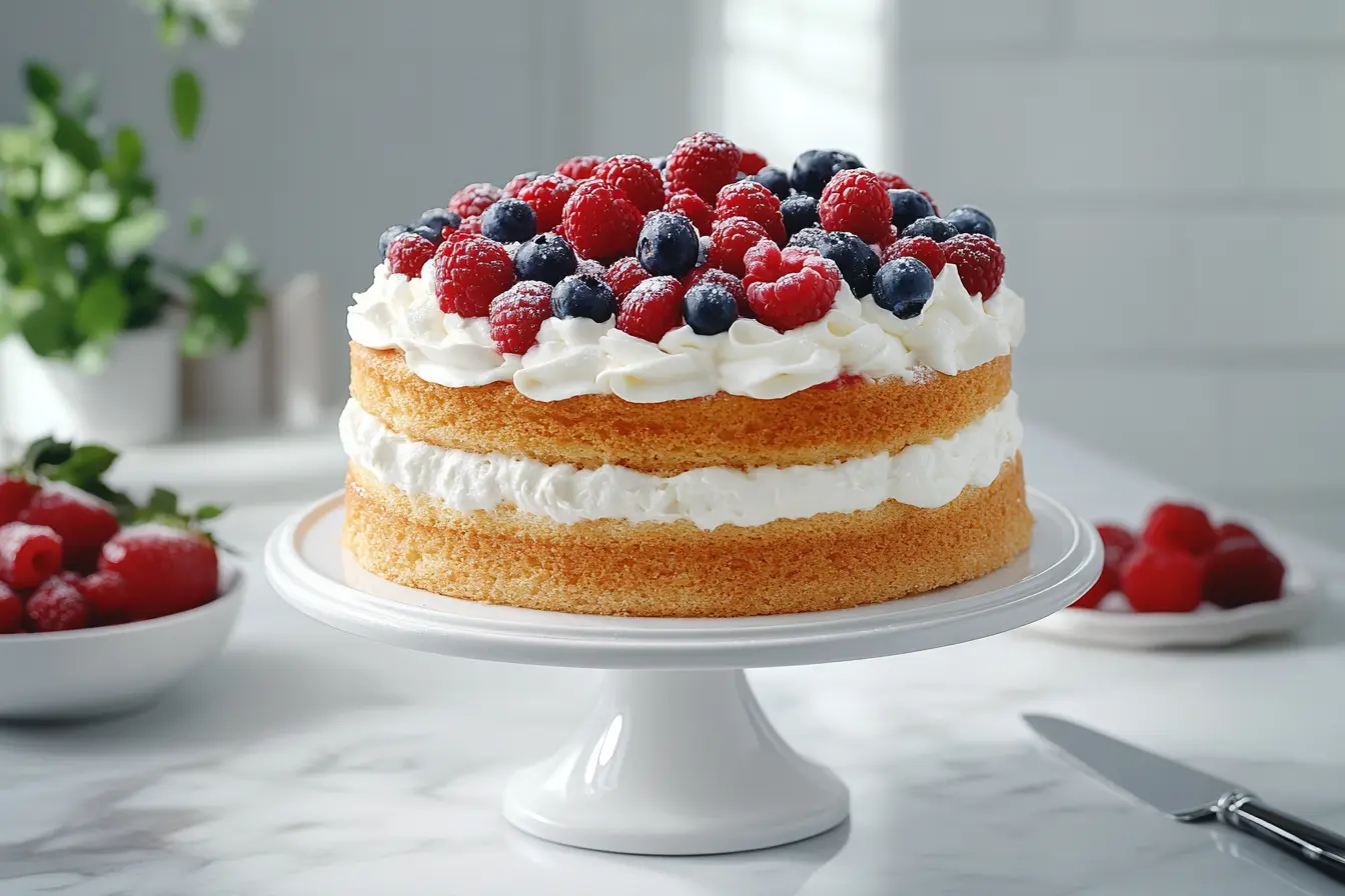 Overhead view of a whole Berry Chantilly Cake with layers of vanilla sponge, Chantilly cream, and fresh berries on a white cake stand.