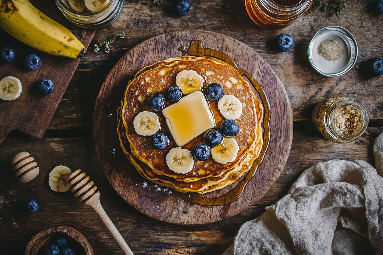 Close-up of a stack of fluffy pancakes topped with butter and syrup, surrounded by fresh fruit and ingredients like blueberries and bananas on a rustic kitchen table.