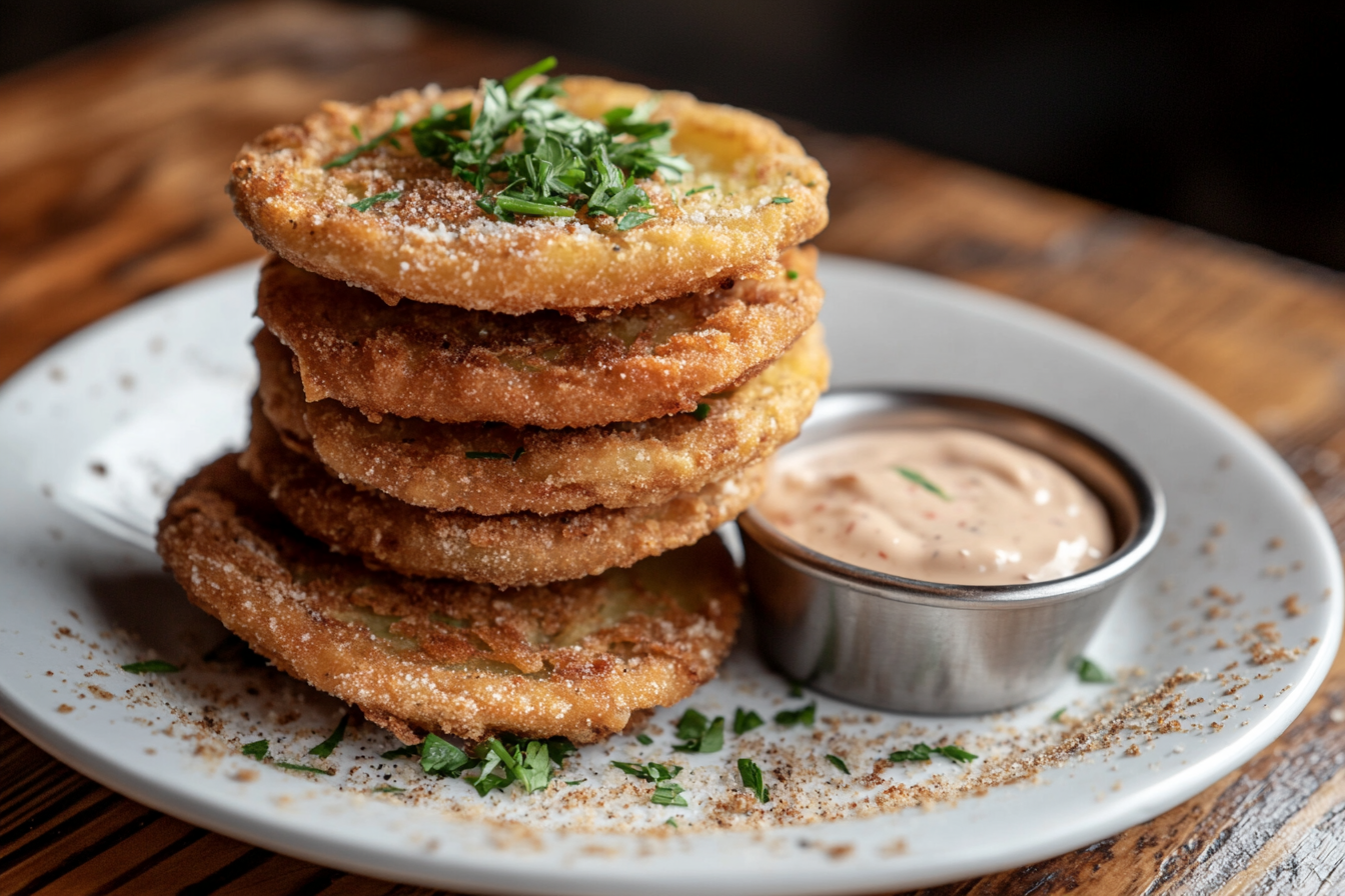 Close-up of golden, crispy fried green tomatoes served with remoulade sauce on a white plate.