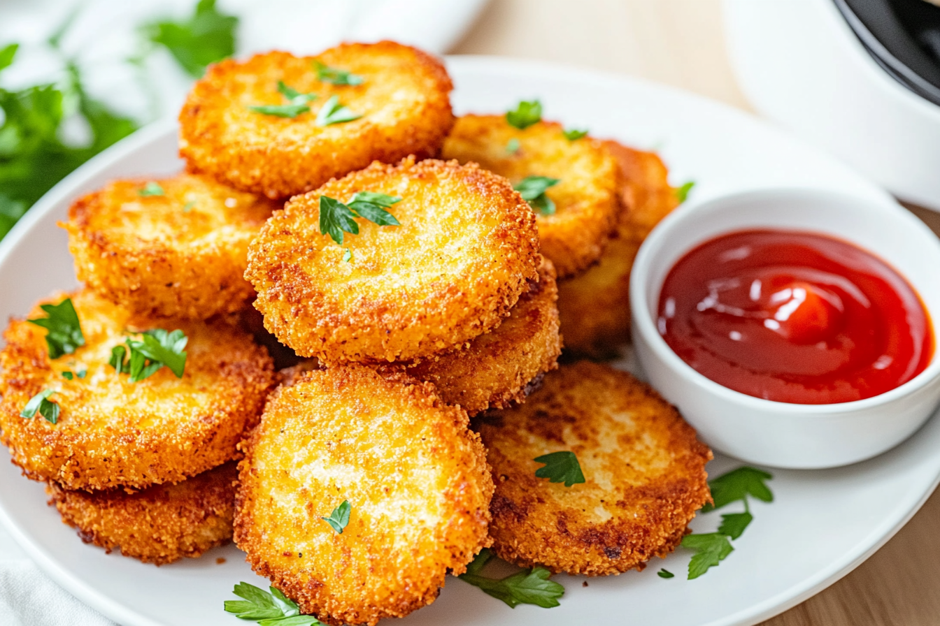 Golden crispy air fryer hash browns stacked on a white plate with fresh parsley and ketchup, perfect breakfast side.