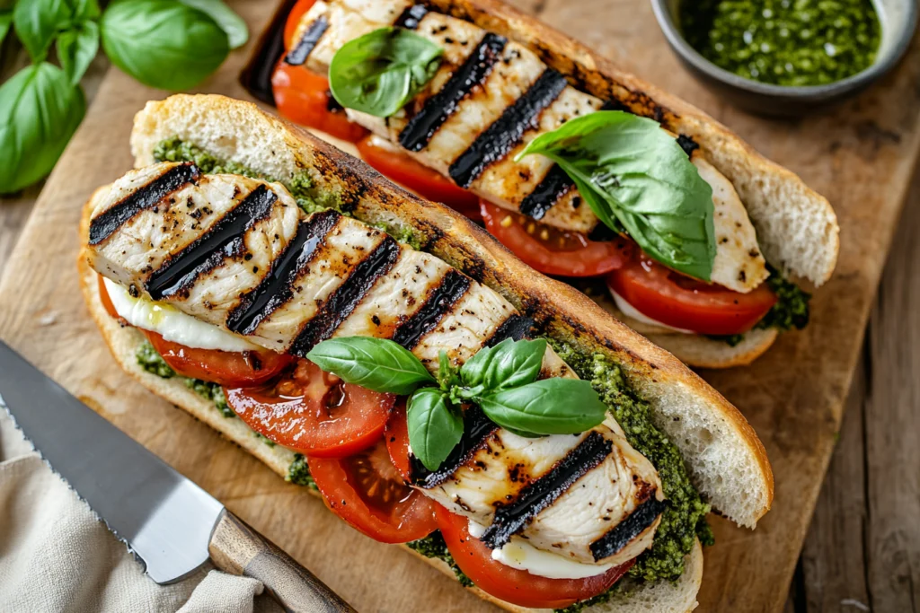 Chicken Caprese Sandwich with grilled chicken, fresh mozzarella, tomatoes, and basil on toasted ciabatta bread.
