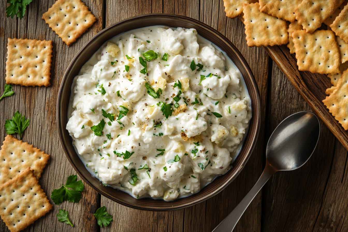 Classic Carol Chicken Salad in a bowl with crackers, garnished with fresh herbs, on a rustic wooden table.