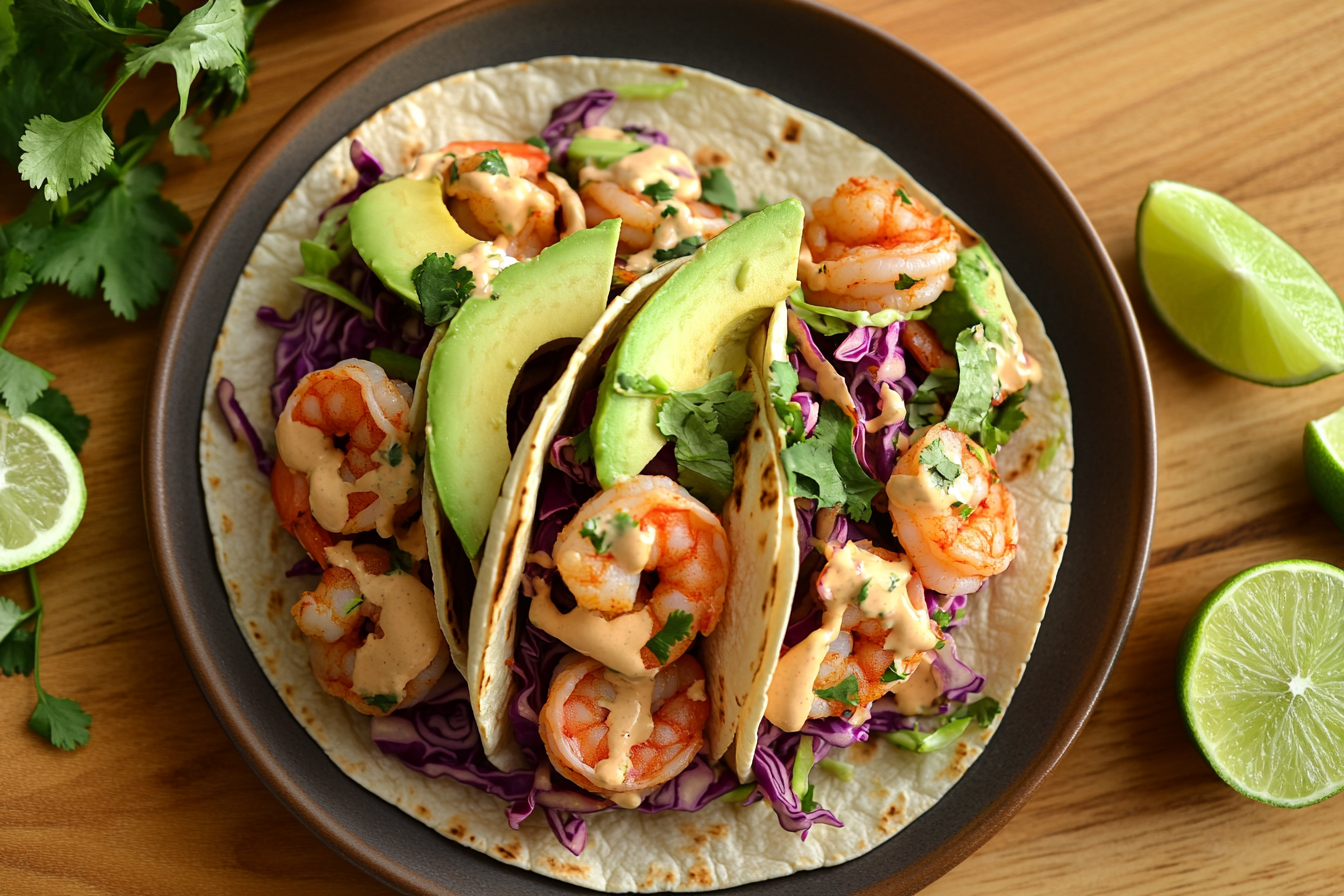 Close-up of Baja shrimp tacos topped with cabbage slaw, chipotle lime crema, and avocado slices, served with lime wedges and cilantro.