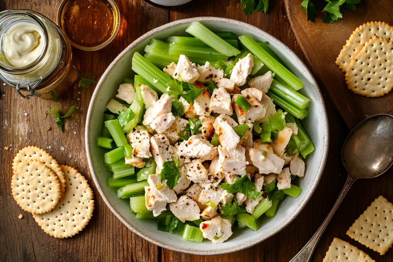 Classic Carol chicken salad with celery and crackers on a rustic kitchen table.