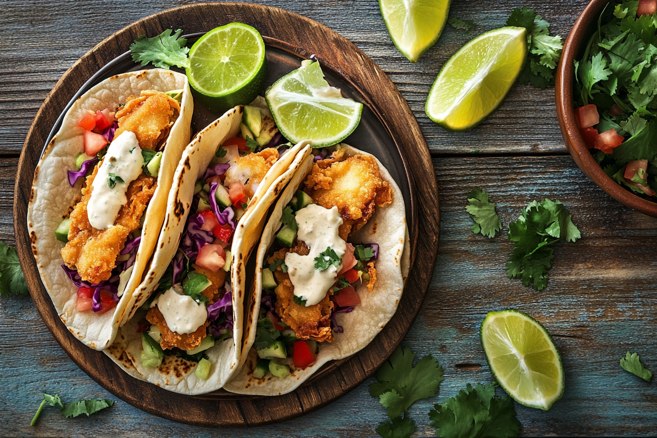 Close-up of Baja style fish tacos topped with cabbage slaw, lime crema, and pico de gallo, served with lime wedges and cilantro.