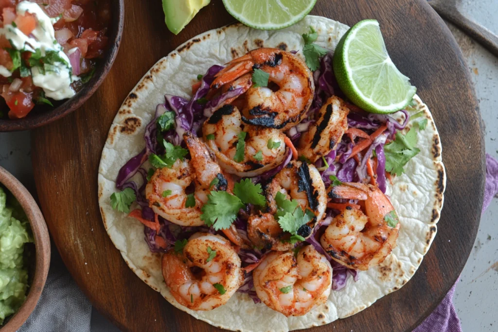 Baja shrimp tacos with grilled shrimp, creamy slaw.