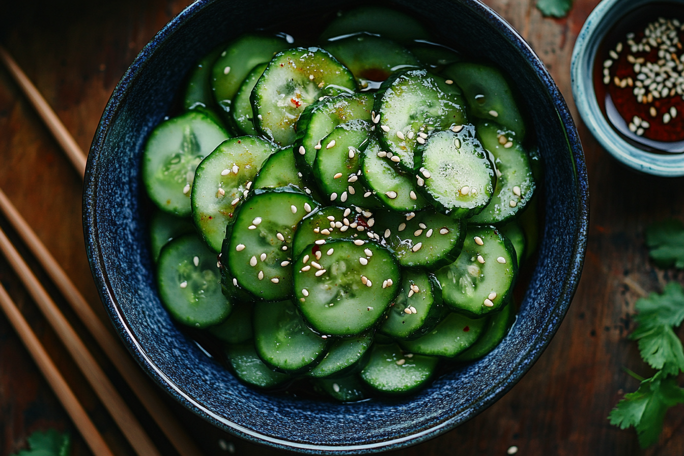 Din Tai Fung cucumber salad with chili oil and sesame seeds.