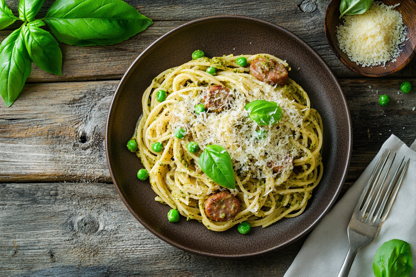 Sausage pesto pasta with caramelized onions and peas, topped with Parmesan and basil, on a rustic wooden table.