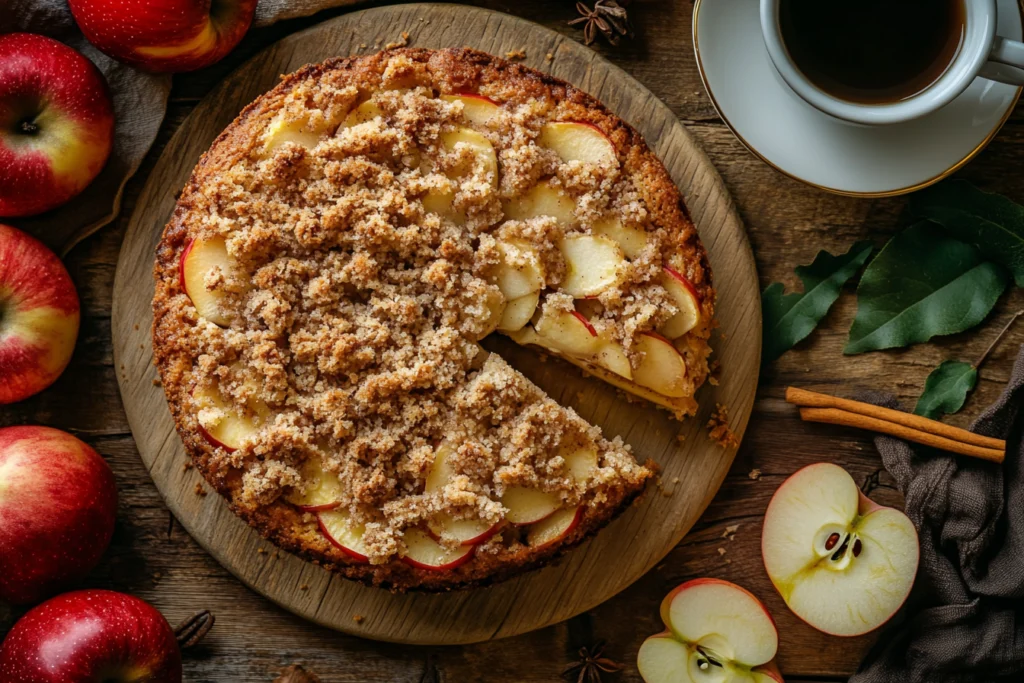 Freshly baked apple coffee cake with cinnamon streusel topping, served with coffee