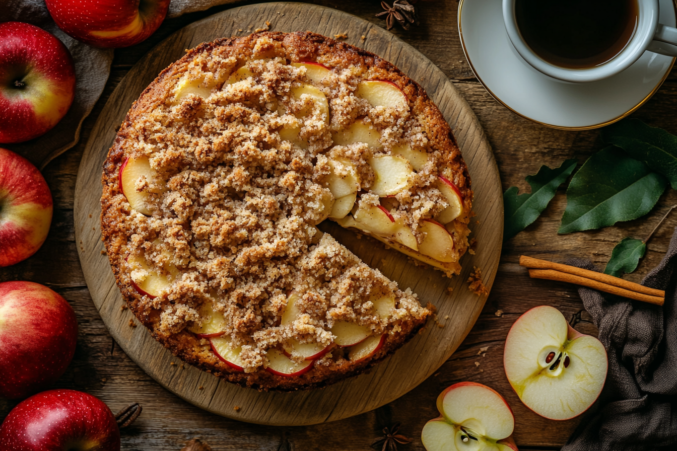 Freshly baked apple coffee cake with cinnamon streusel topping, served with coffee