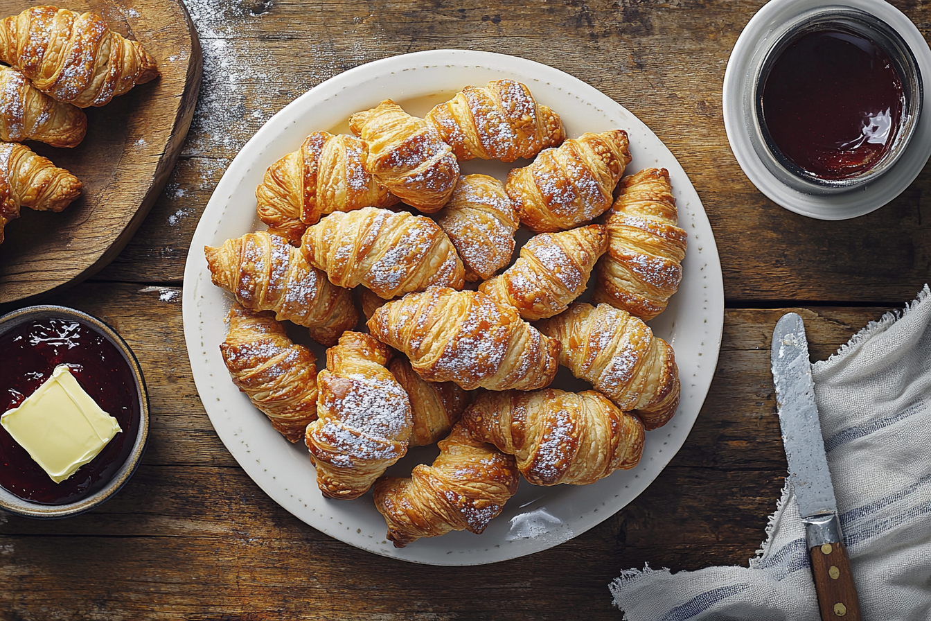 Golden, flaky Gipfeli served on a rustic wooden table with butter and jam.