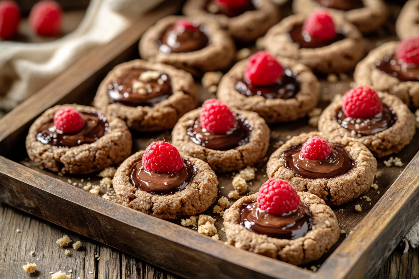 Freshly baked chocolate hazelnut thumbprint cookies filled with hazelnut spread, garnished with raspberries, on a rustic wooden tray.