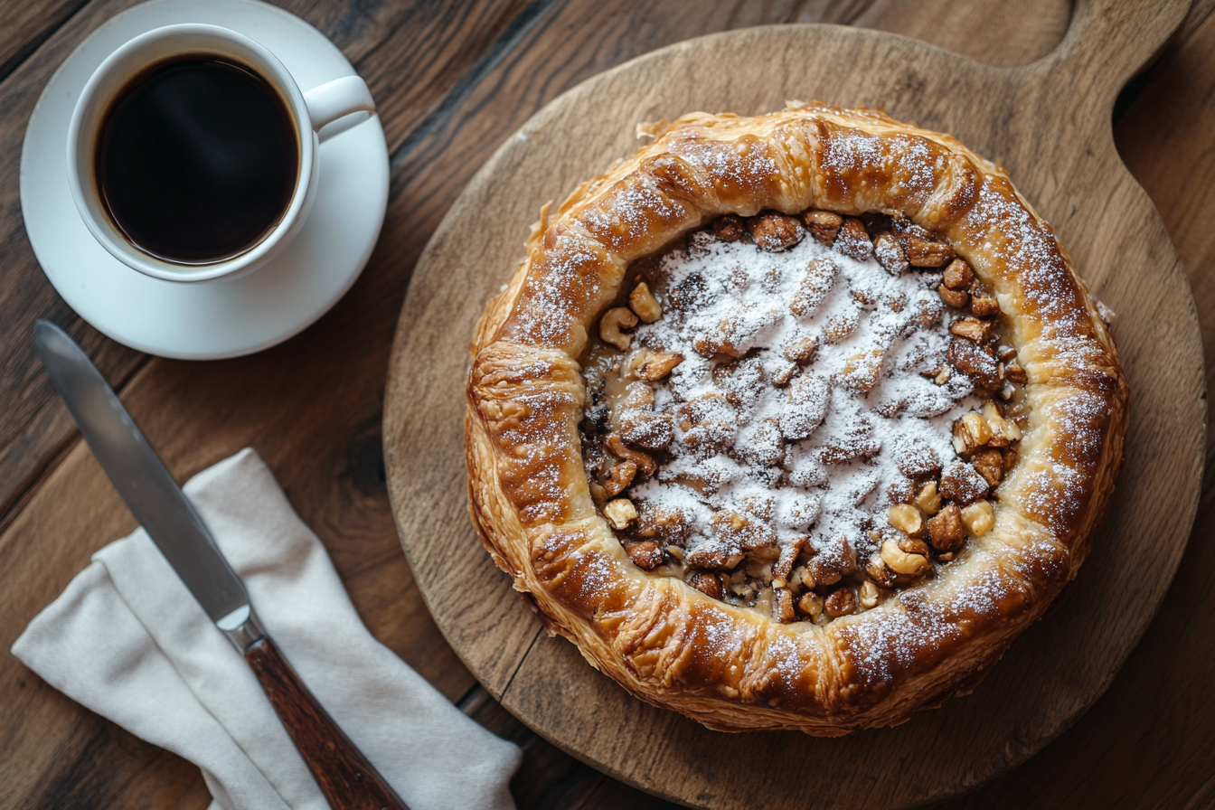Close-up of a freshly baked Nussgipfel pastry on a wooden board with a cup of coffee.