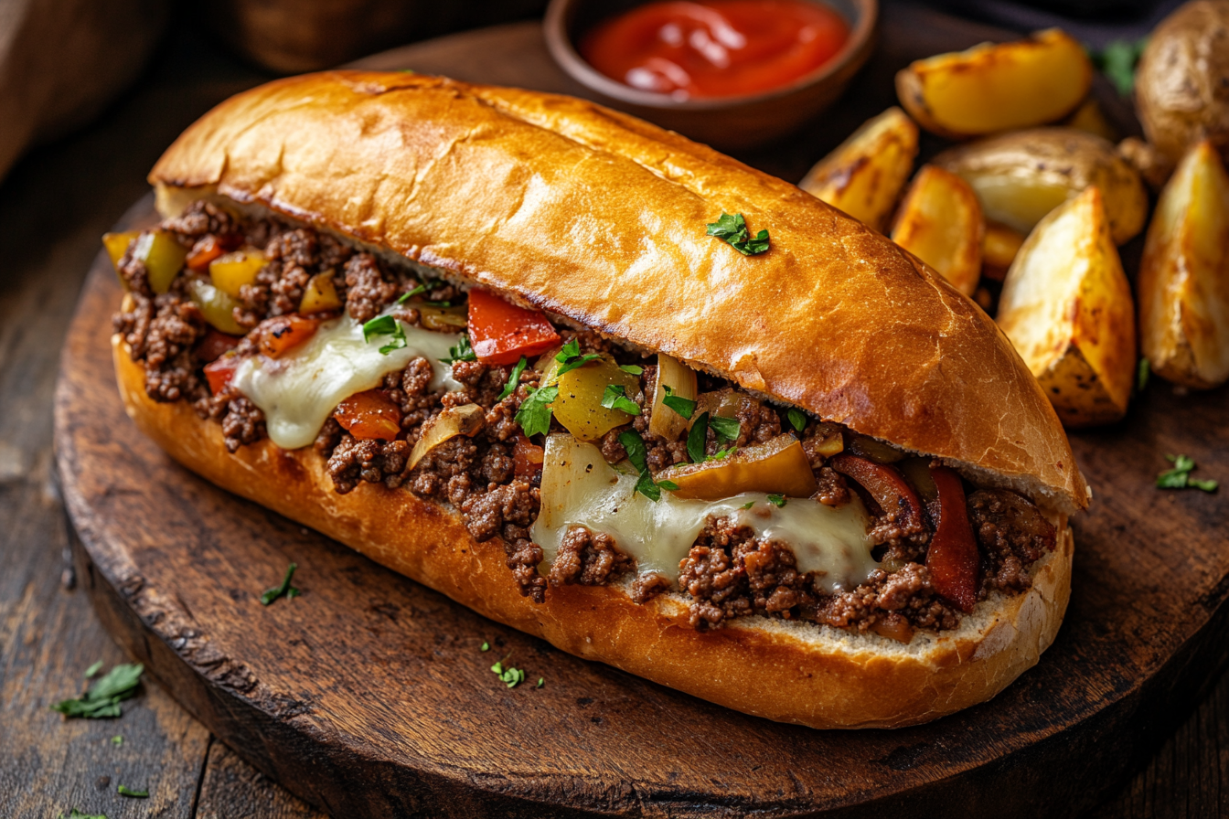 Ground Beef Philly Cheesesteak Sloppy Joes with melted cheese and crispy potato wedges on a wooden board.