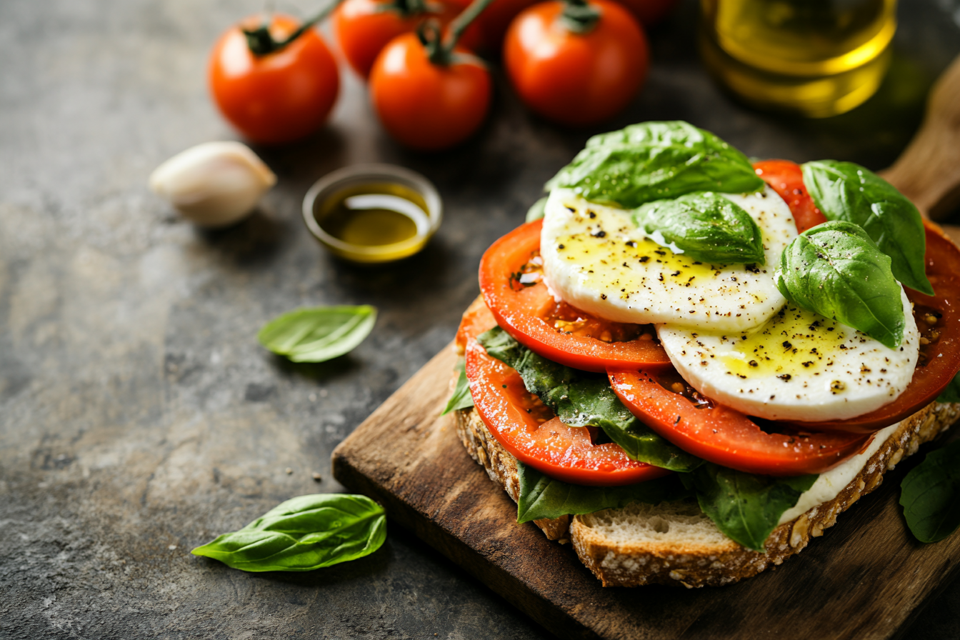 Close-up of a fresh Caprese sandwich with tomatoes, mozzarella, basil, and olive oil on whole grain bread, served on a wooden board with extra basil and tomatoes.