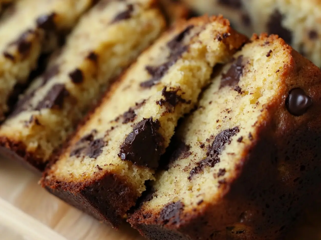 A freshly baked loaf of cake mix banana bread with chocolate chips, sliced to show its moist texture and rich chocolatey swirls, placed on a rustic wooden cutting board.