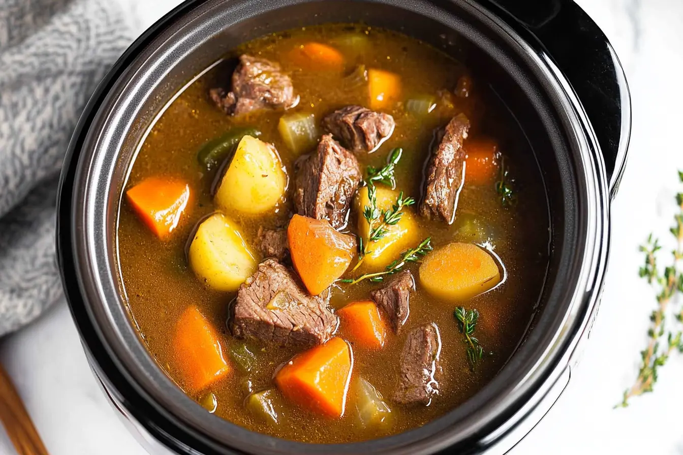 a pot of stew with meat and vegetables