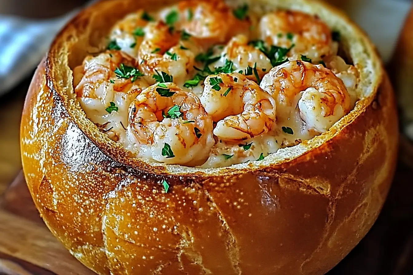 Creamy stuffed seafood bread bowl filled with shrimp and crab dip, served in a toasted sourdough loaf and garnished with fresh parsley