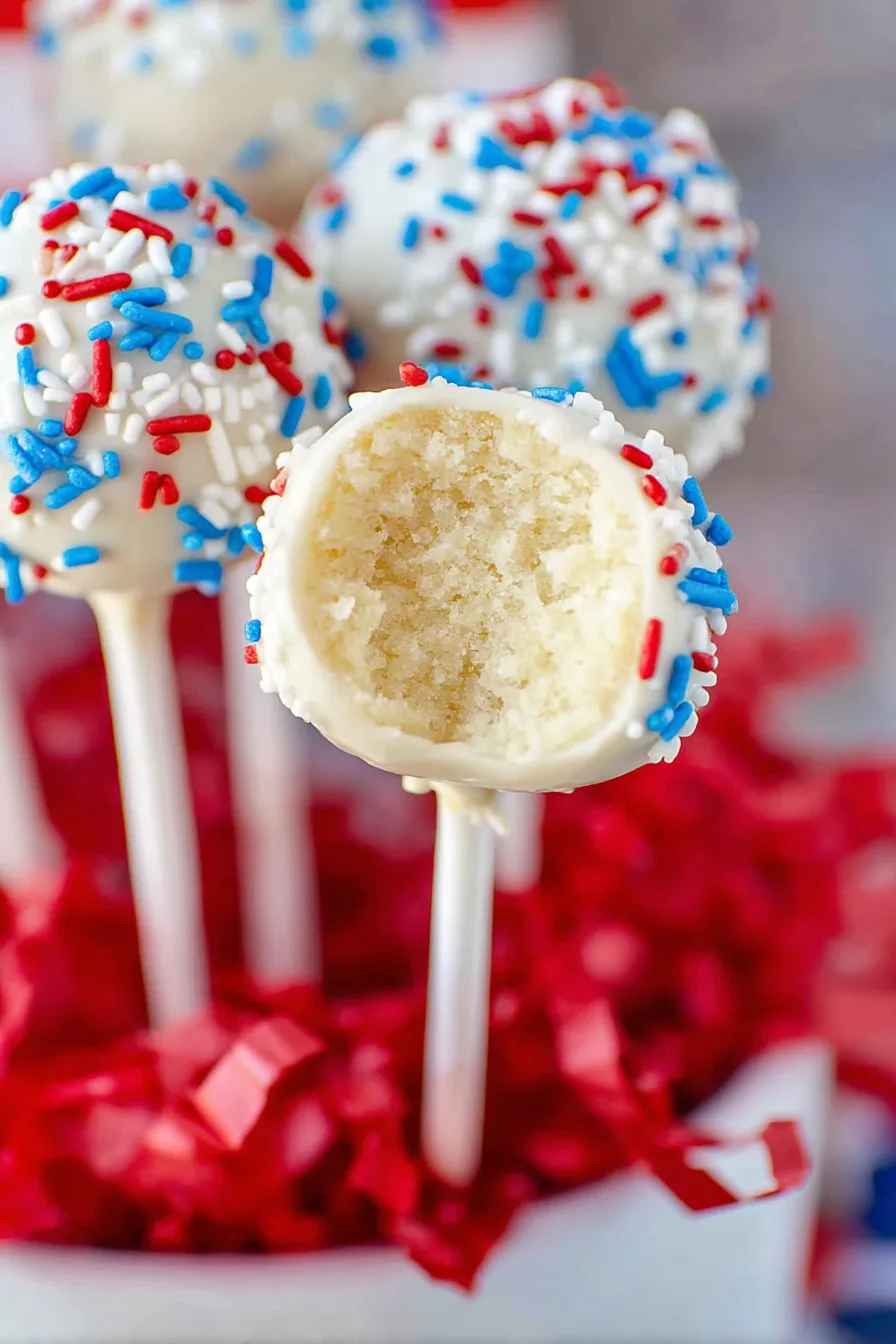 Bite into a white chocolate-covered 4th of July cake pop with red, white, and blue sprinkles.