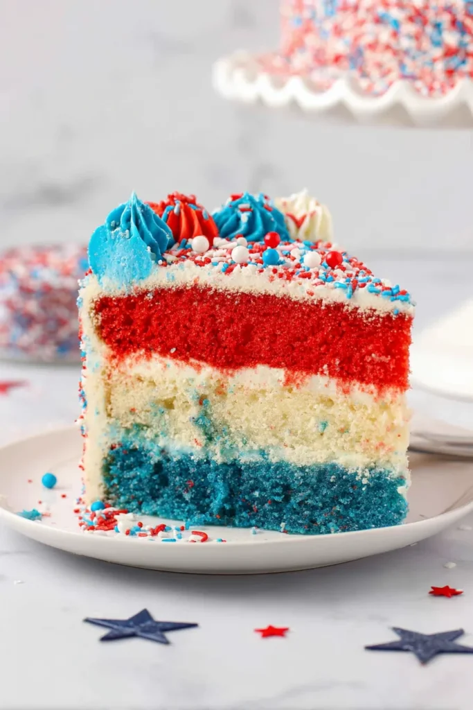 Close-up of 4th of July layer cake slice with blue, white, and red sponge, buttercream frosting, and festive sprinkles on a white plate.