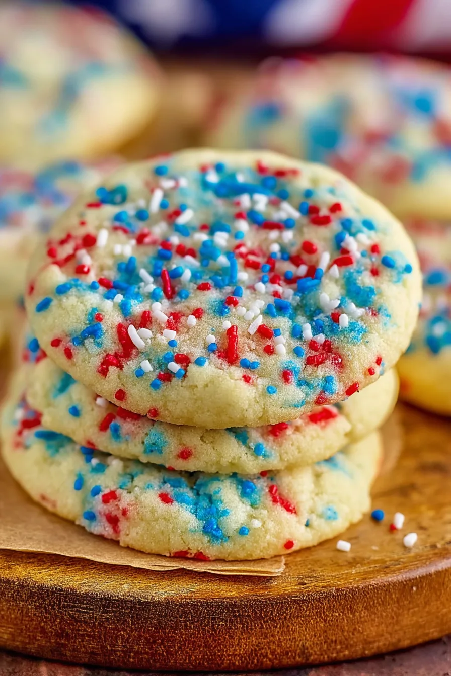 Close-up of chewy 4th of July sprinkle cookies with red, white, and blue sprinkles on a rustic wooden board.