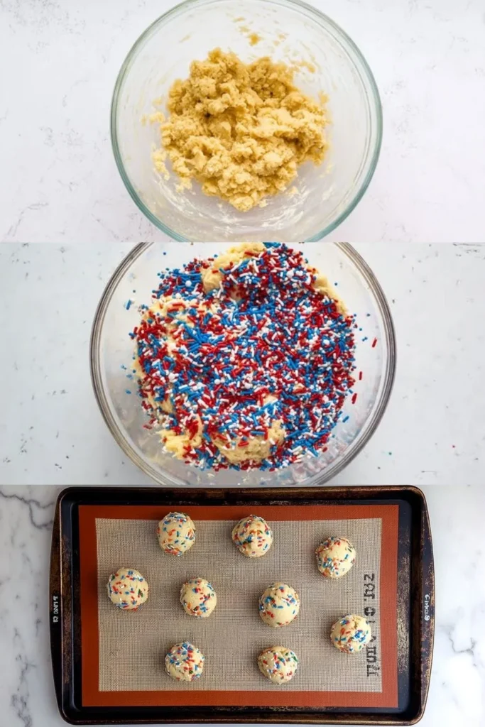 Step-by-step visual of making 4th of July sprinkle cookies showing cookie dough preparation, adding patriotic sprinkles, and dough balls ready to bake.