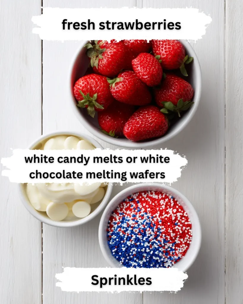 Top-down view of white candy melts, fresh strawberries, and patriotic red white and blue sprinkles in white bowls on a white background.