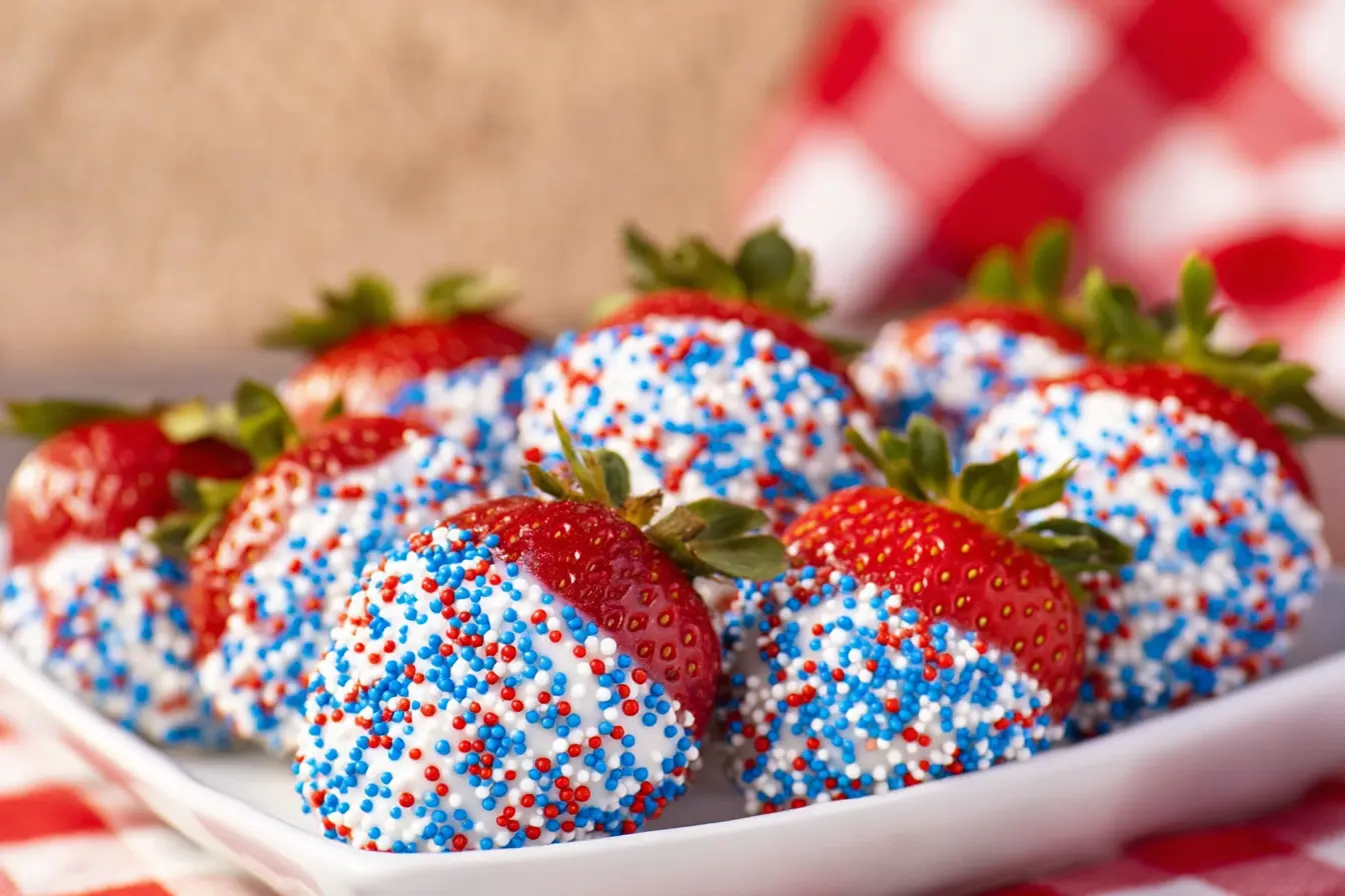 Close-up of strawberries dipped in white chocolate and red, white, and blue sprinkles on the bottom half, served on a white plate with checkered cloth.