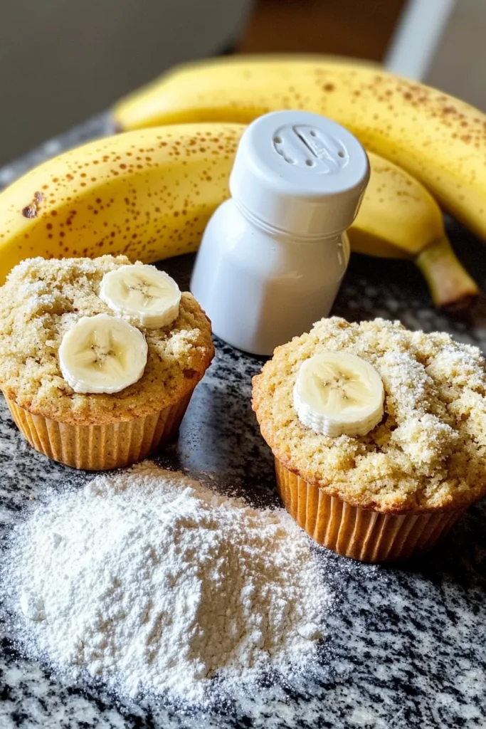 Banana Bread Muffins Recipe: Easy, Moist & Flavorful 6 Banana bread muffin ingredients including ripe bananas, sliced bananas, flour, and baked muffins on a granite-style surface.