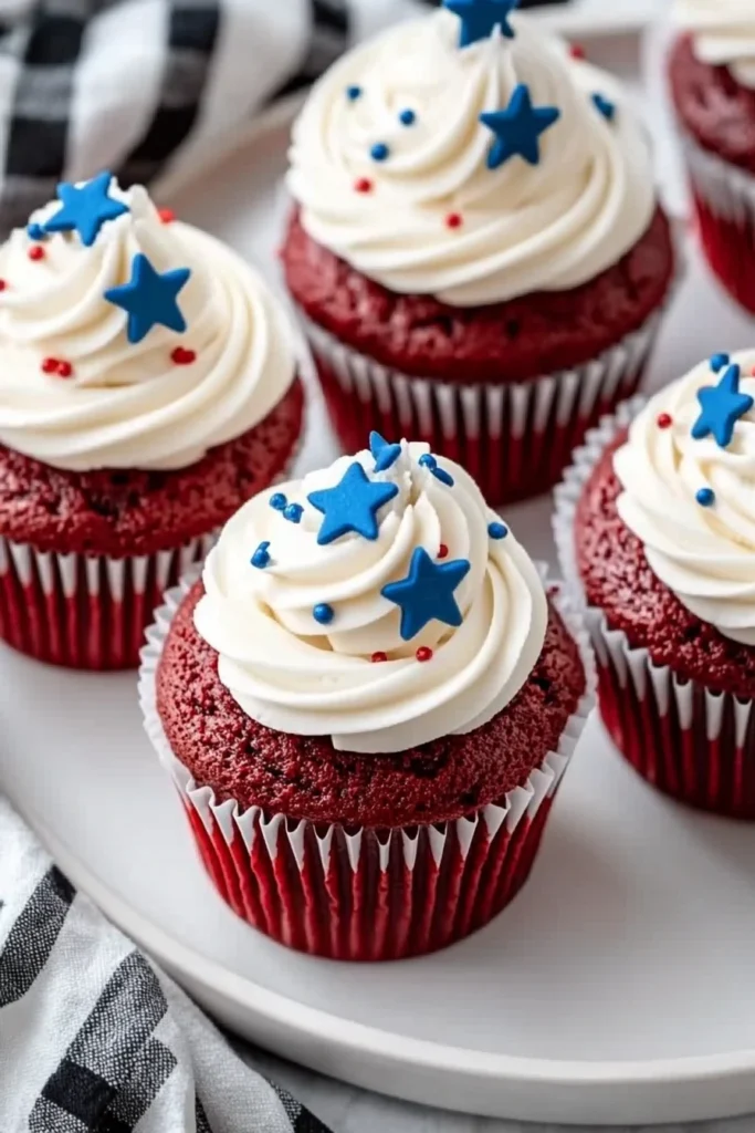 Red Velvet Cupcakes With Cream Cheese Frosting for 4th of July 8 Beautifully Decorated Red Velvet Cupcakes with Cream Cheese Frosting and Blue Star Sprinkles