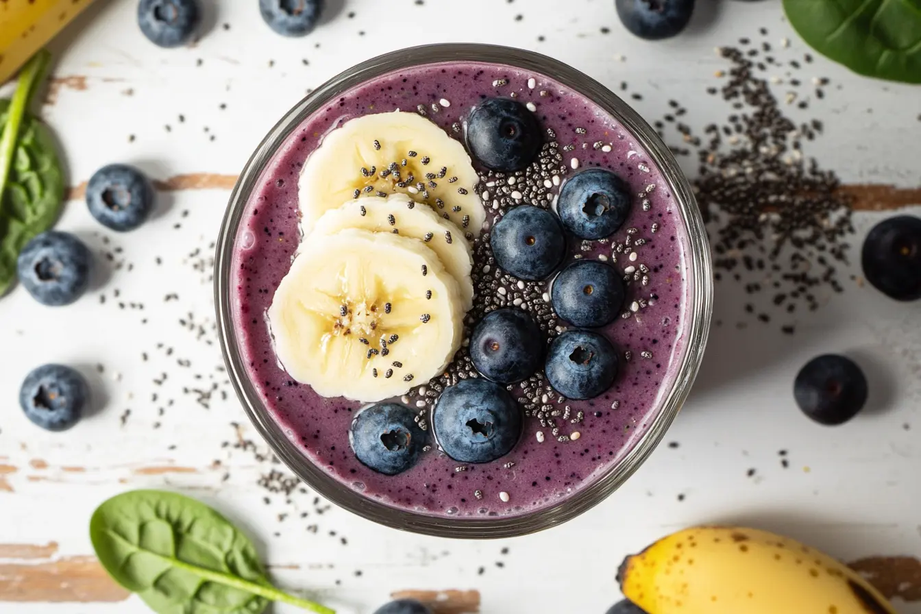 Top view of a berry banana spinach smoothie with banana slices, blueberries, and chia seeds on a white tile background.
