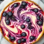 Berry Swirl Cheesecake: A Creamy, Fruity Dream Dessert 9 Swirled berry cheesecake with vibrant purple and red fruit compote, set on a marble plate with fresh strawberries and blueberries