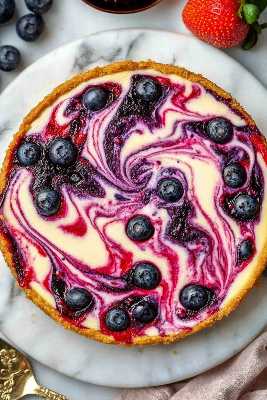 Swirled berry cheesecake with vibrant purple and red fruit compote, set on a marble plate with fresh strawberries and blueberries