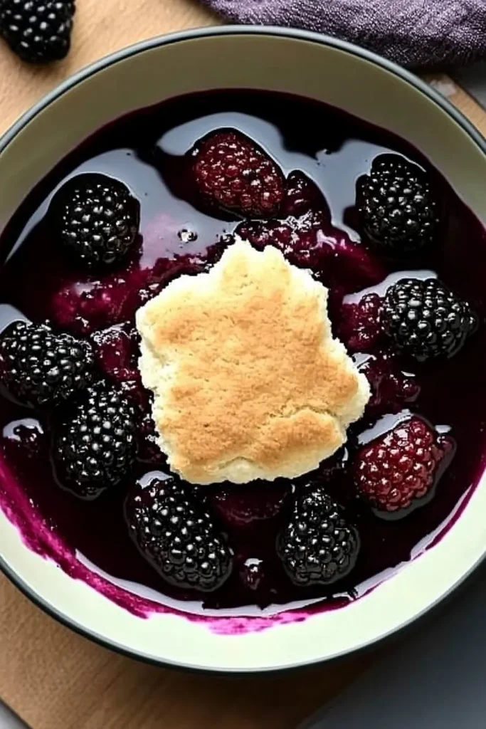 Easy Skillet Blackberry Cobbler: A Quick & Delicious Summer Dessert 4 Top-down view of a blackberry cobbler with golden biscuit topping in a dark gray bowl with white rim, set on a dark table, featuring juicy blackberries and glossy syrup.