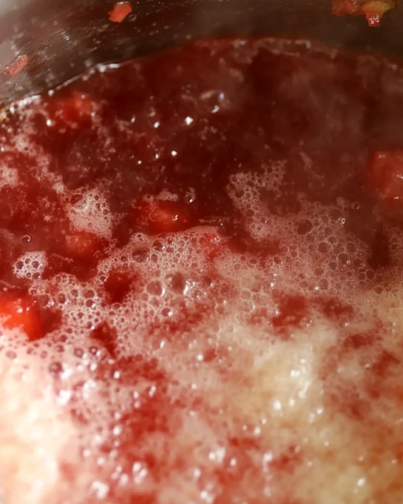 Strawberry rhubarb jam bubbling and foaming as it cooks and thickens in the pot.