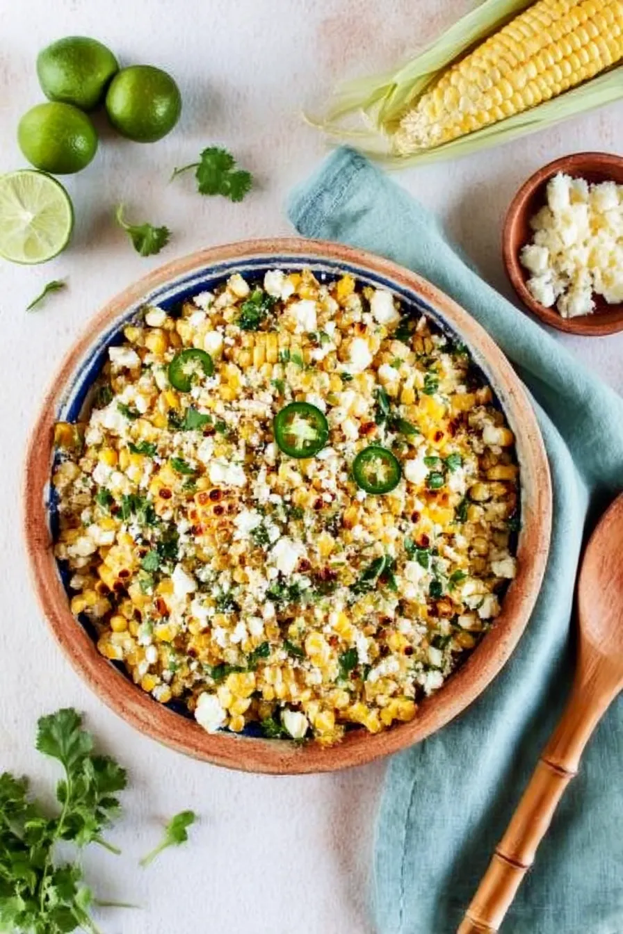 Mexican Street Corn Salad in a rustic bowl with crumbled cheese, cilantro, and lime on a terracotta table