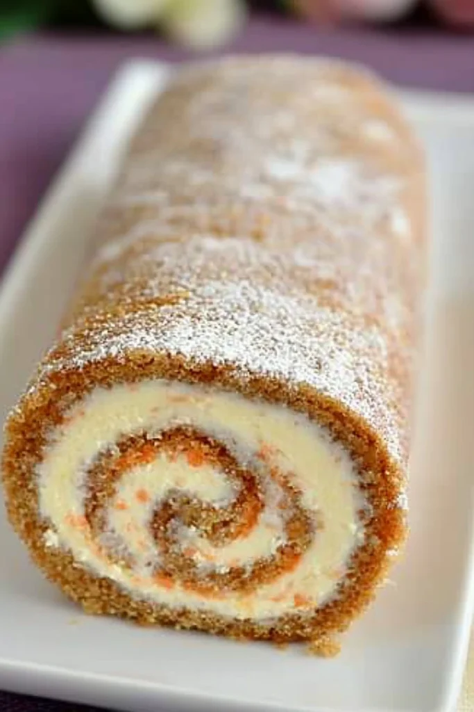 carrot cake roll with cream cheese frosting, sliced to reveal moist sponge and creamy filling, dusted with powdered sugar.