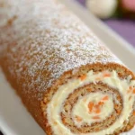 Close-up of a carrot cake roll with cream cheese frosting, sliced to reveal moist sponge and creamy filling, dusted with powdered sugar.